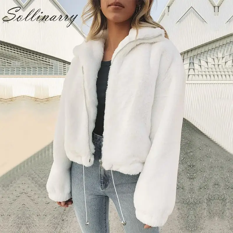 Sollinarry/модные зимние плюшевые пальто, куртки для женщин, искусственный мех, милые осенние свободные пальто на молнии, женские теплые шикарные топы, верхняя одежда