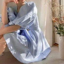 

Puff Short Sleeve Mini Summer Dress Women 2022 New A-line Bow Tie Blue Plaid Party Dress Elegant Streetwear Sexy Sundress