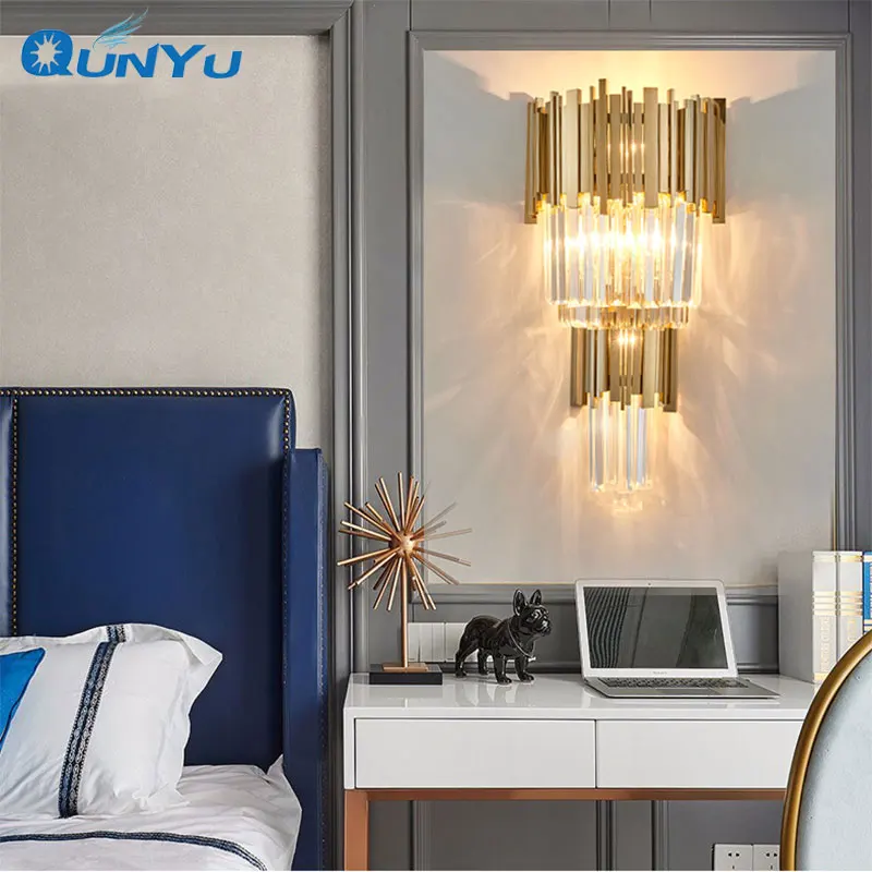 Post modern Golden Crystal wall lamp luxury hotel bedroom bedside lamp high grade atmosphere living room TV wall corridor lamp