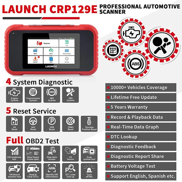 LAUNCH X431 CRP129E OBD2 Car Scanner Auto Code Reader OBD ENG ABS SRS AT Diagnostic tool EPB Oil SAS ETS TMPS Reset PK crp123E 2