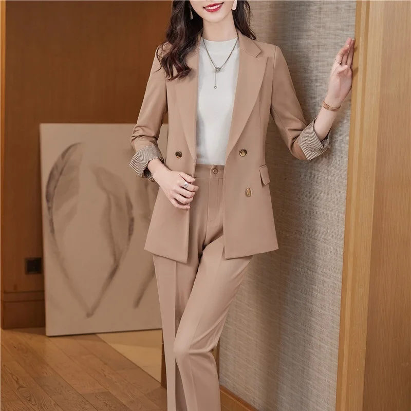 

Autumn Winter Women Blazer And Pants 2 piece Suit OL Styles Fashion Apricot Jacket Coat Blaser Formal Professional Trouser Suits