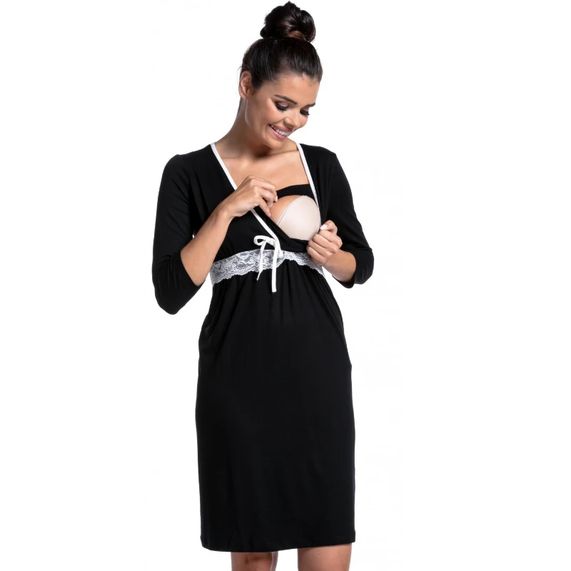 Черный Dollplus, женская модная одежда для сна для беременных, ночная сорочка для беременных, пижамы для кормящих, кружевная ночная рубашка с v-образным вырезом для беременных, кормящих грудью - Цвет: Черный