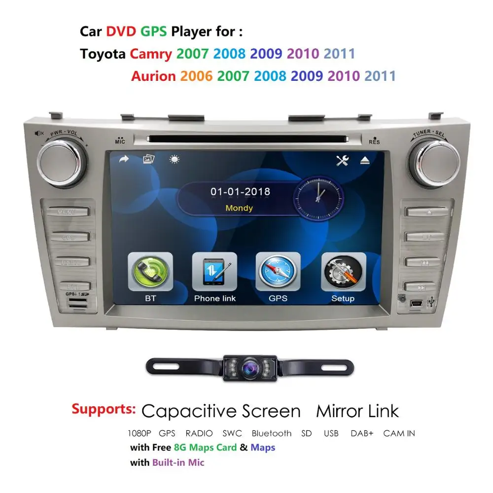 8" Car DVD Player GPS SAT NAVI For TOYOTA Camry AURION Bluetooth gps navigation 2din car Monitor steering wheel RDS DVBT DAB USB