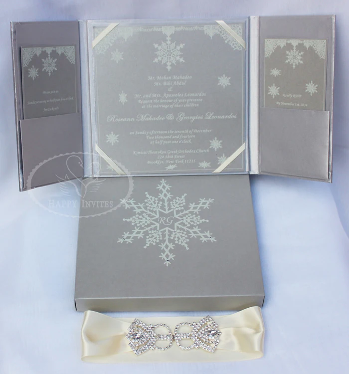 HI2003-82 Custom Silver Silk Folder Invitation with Snow Elements for Romantic Winter Wedding  More Colors Available