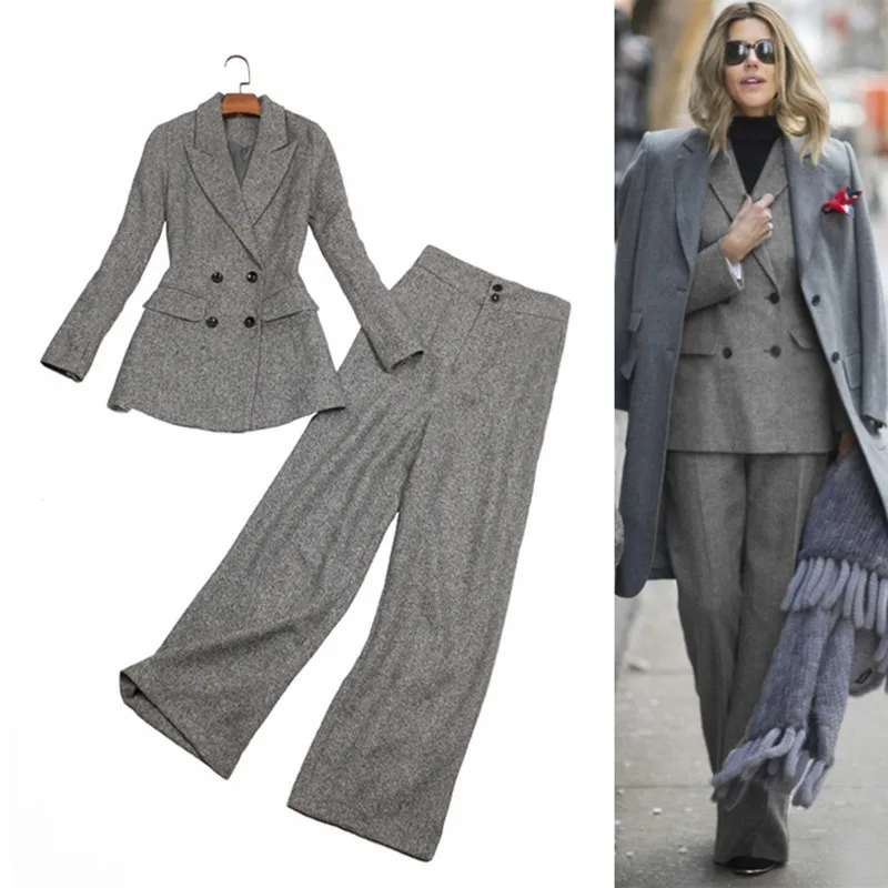 

Grey Pants Suits For Women Autumn Winter Wool Formal Business Suits Ladies Clothes Jackets & Coats Long Trousers Two Piece Set