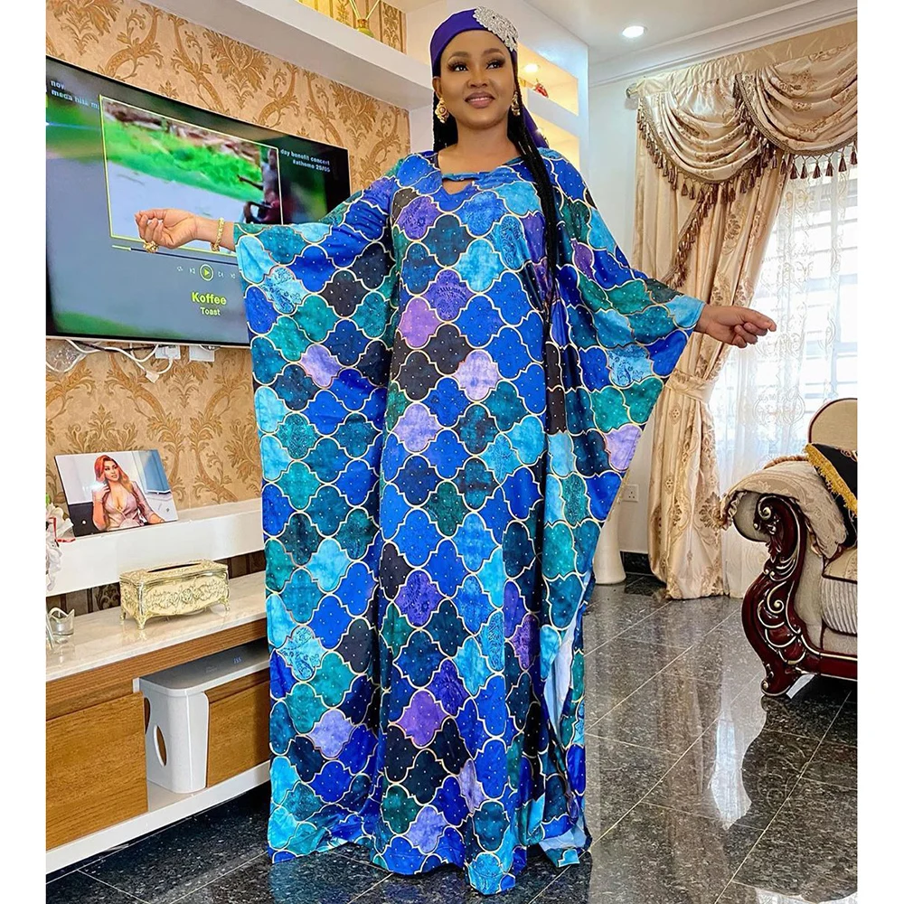 African Dashiki Print Dress For Women Silk Robe Africaine Femme Long Dress Shiny Stones Boubou Muslim Abaya Dress Plus Size