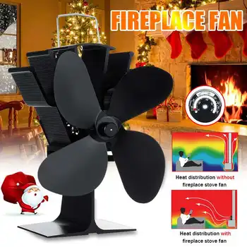 

Black Stove Fan 4 Blade Fireplace Fan Heat Powered komin Wood Burner Eco Fan Thermometer Quiet Home Efficient Heat Distribution