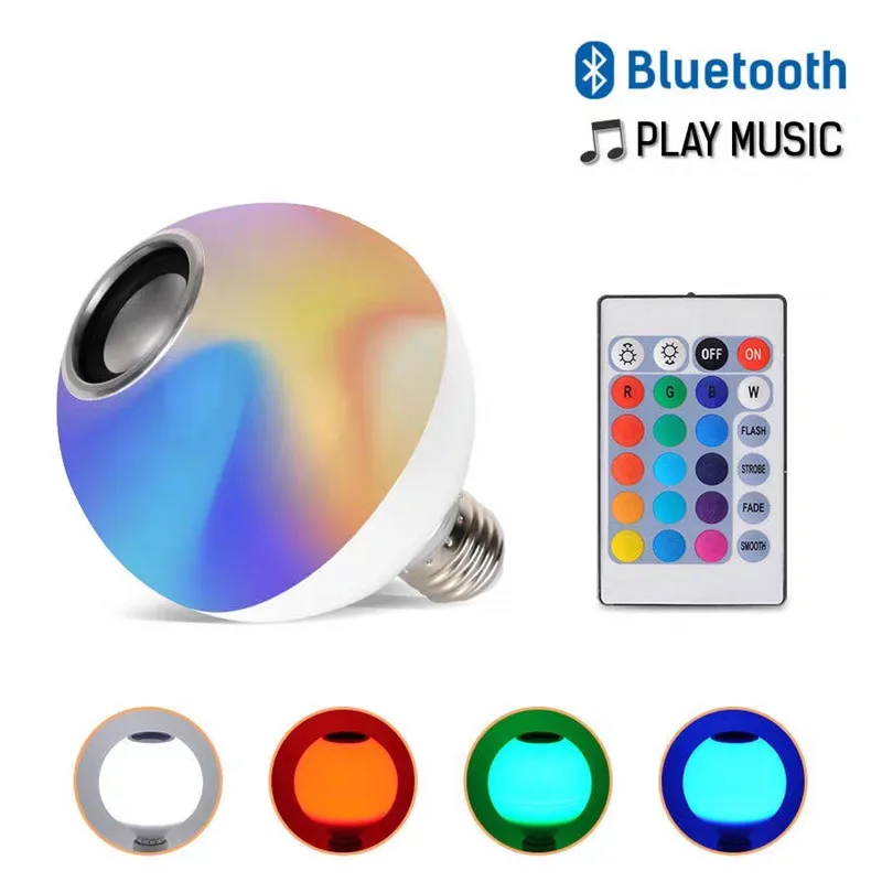 Светодиодный лампы светильник музыка Смарт E27 RGB белый Bluetooth Динамик воспроизведение затемнения Беспроводной светодиодный светильник с 24 кнопок пульта дистанционного управления, Управление