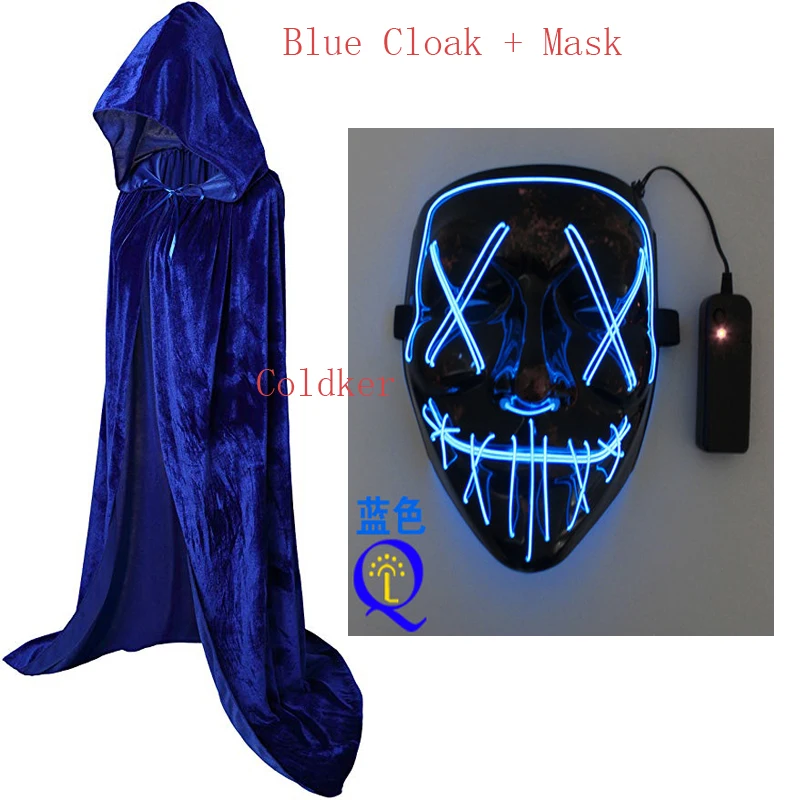 Blue cloak mask Карнавальный костюм для Хэллоуина, длинный плащ с капюшоном, накидка для рождественской вечеринки, модная маска, светодиодный свет, Вечерние Маски - Цвет: Blue cloak mask