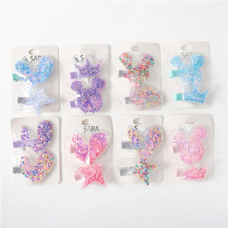 2pcs Girls Cute Hair Clips With Heart Star Sequins Design Hair Pin Children Hairpin Princess Hair Accessories
