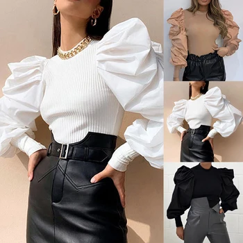 

Puff Sleeve Knitwear Mesh Transparent Pullover Autumn Women Polka Dot Winter Top Knitted Turtleneck Jumper Top Sweater