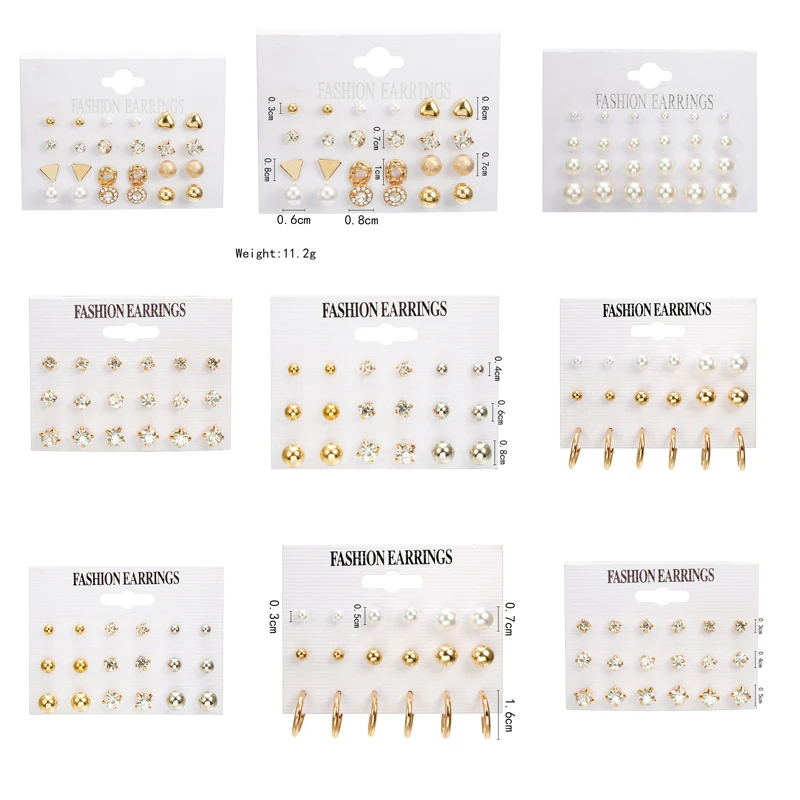 

12 Pair/Set Crystal Stud Earrings Triangle Knot 2019 New Rhinestone imitation Pearl Earrings for Girls Tiny Ear Studs Pendientes