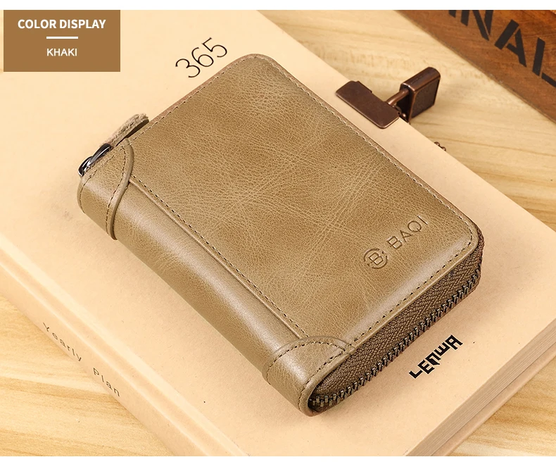 khaki Wmnuo, винтажный держатель для карт, для мужчин, RFID, защита от кражи, на молнии, кошелек для женщин, на молнии, короткий, бизнес, кредитный, мульти-карта, водительские права - Цвет: khaki