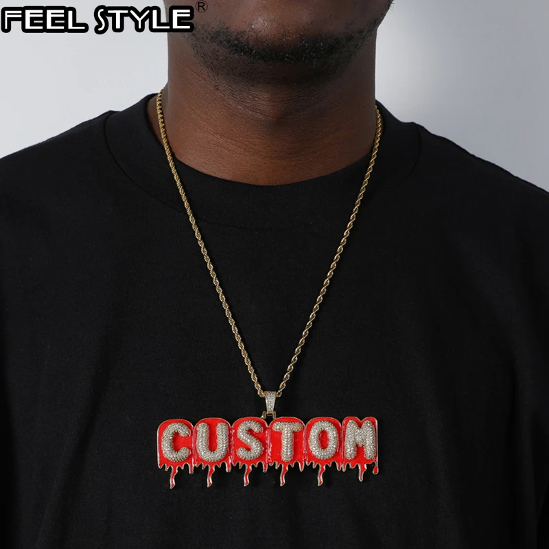 

Hip Hop Customized Name Red Water Drop Cubic Zircon Iced Out Chain Pendants & Necklaces For Men Women Jewelry With Solid Back