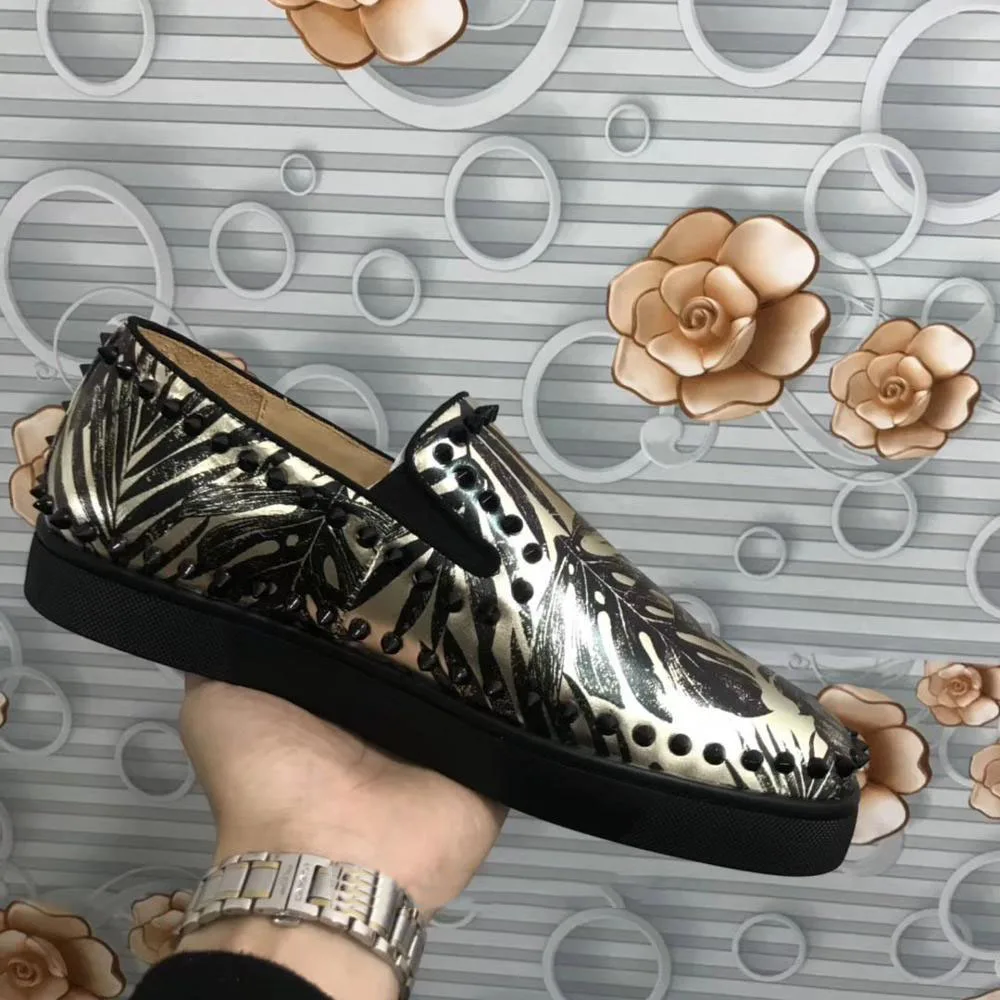 

Top Low Cut Leisure Slip On Gold Leaf Pattern Circle Rivets Red Bottom For Men Shoes Sneakers Cow Leather Loafers Flat