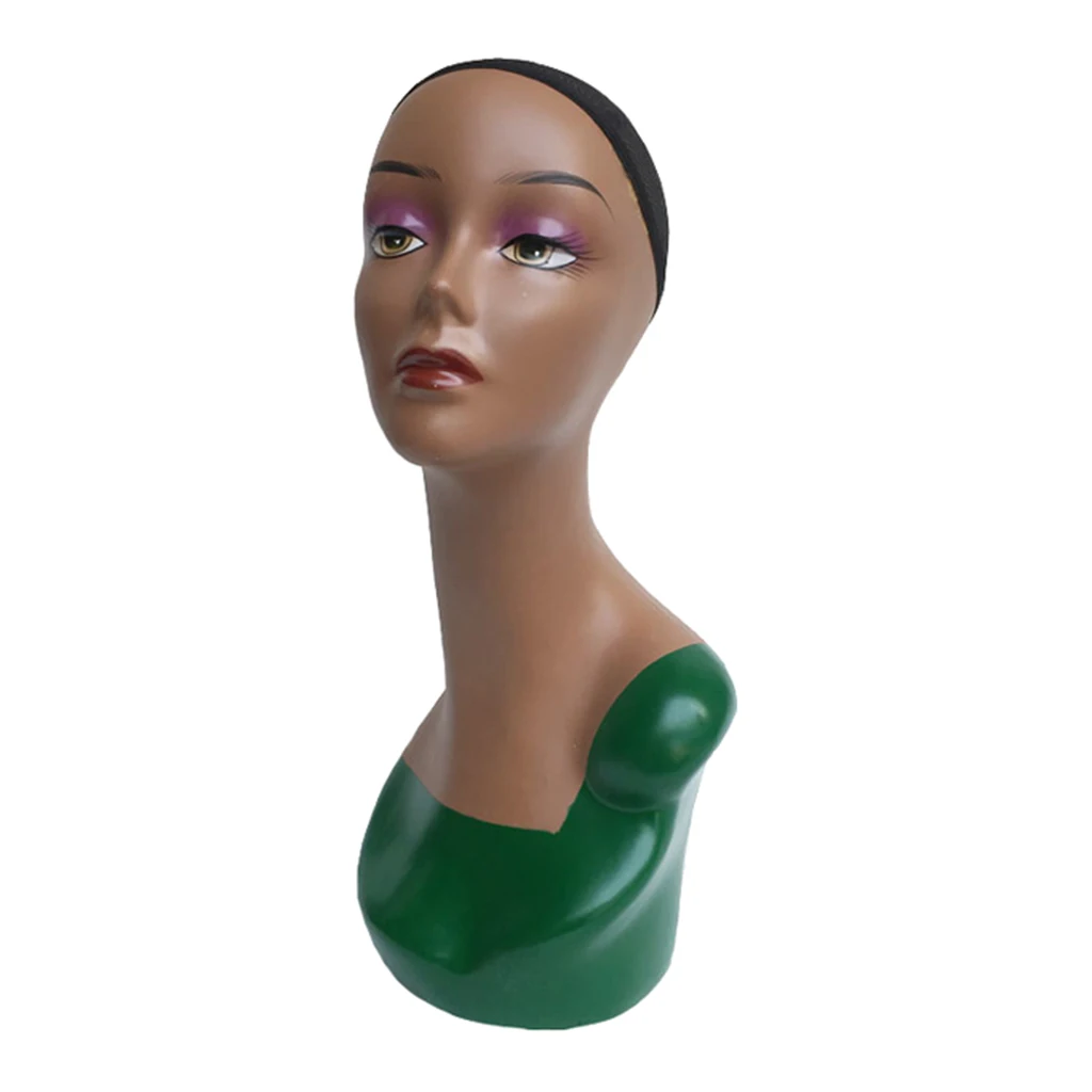20-inch Female Mannequin Head Form with Full Makeup Display Stand for Wigs, Hats, Jewelry - Black Skin Tone