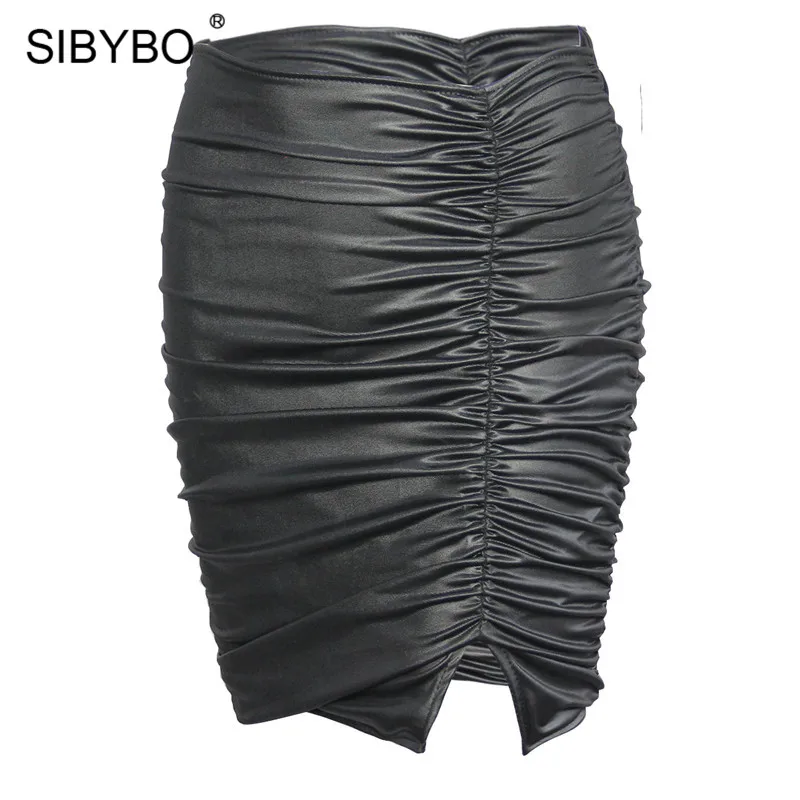 SIBYBO женские юбки из искусственной кожи с разрезом сбоку и высокой талией, модная плиссированная Осенняя мини-юбка, женские черные вечерние юбки
