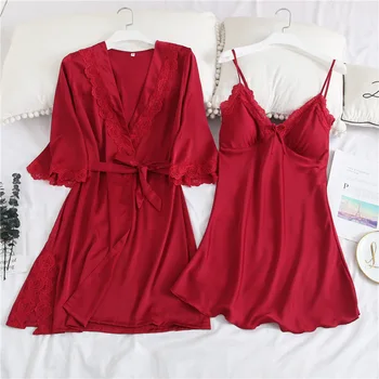 

Pink 2PCS Nighty&Robe Suit Women Satin Sleepwear Bride Bridesmaid Wedding Robe Lace Patchwork Sexy Intimate Lingerie Nightdress