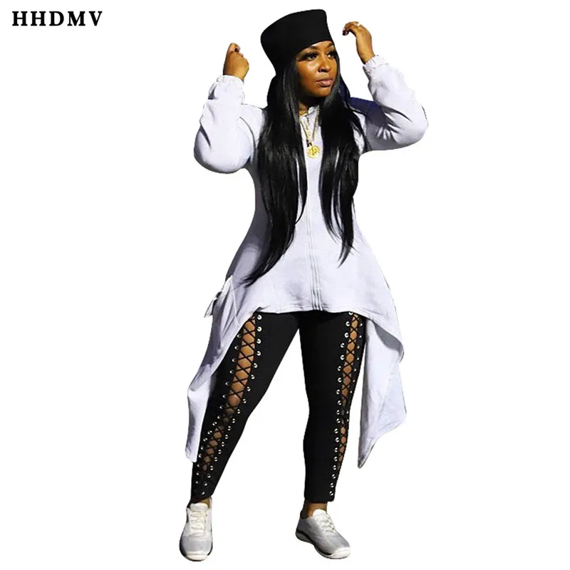 

HHDMV MOY5117 women spring street hip hop style long top long sleeve hooded collar zipper pockets irregular white long top