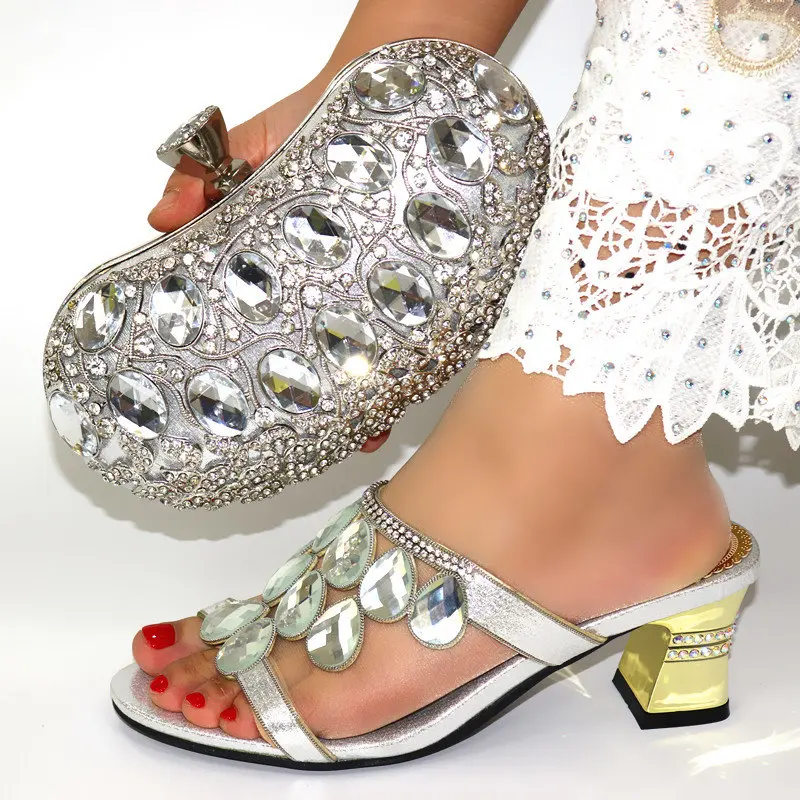 

Low heel 2.5 inches silver slippers shoes with clutches bag set big rhinestones shoes matching bag for aso ebi SB8450-1