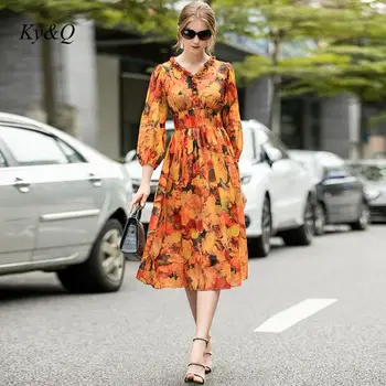 

High Quality 2020 Summer New Long-sleeved Chiffion Dress Ruffled V-neck Print Brand Design Party Dress Beach Clothes