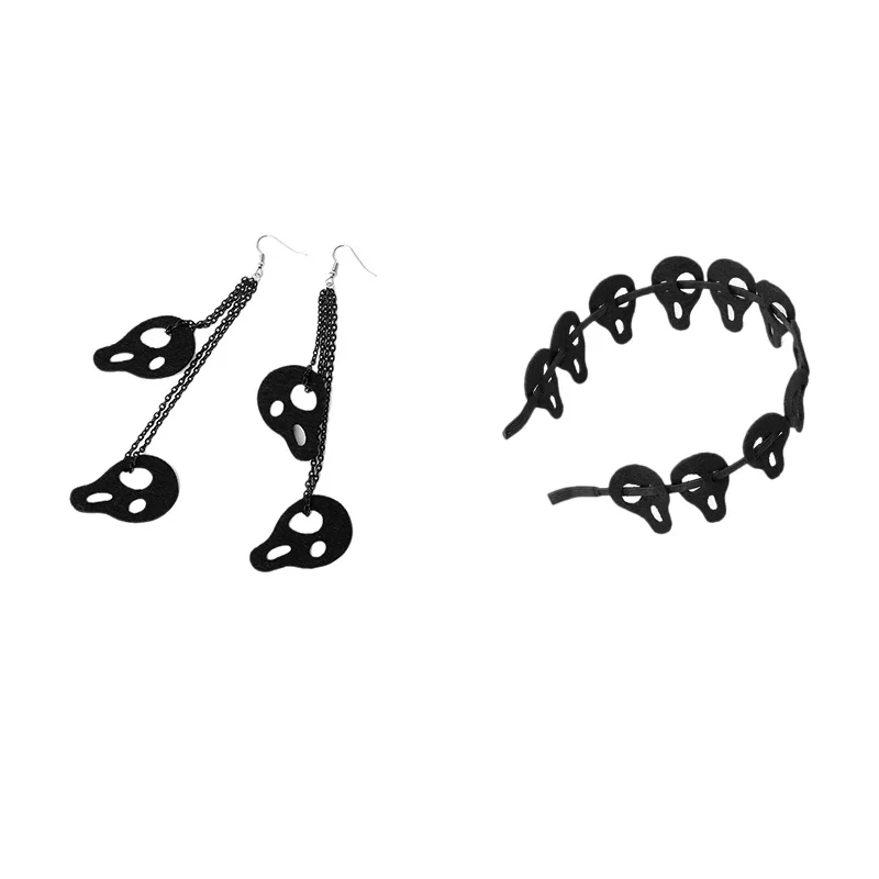 LIXF Halloween Exaggerated Skull Head Jewelry Set Gothic Felt Cloth Headband and Earrings Ladies Jewelry