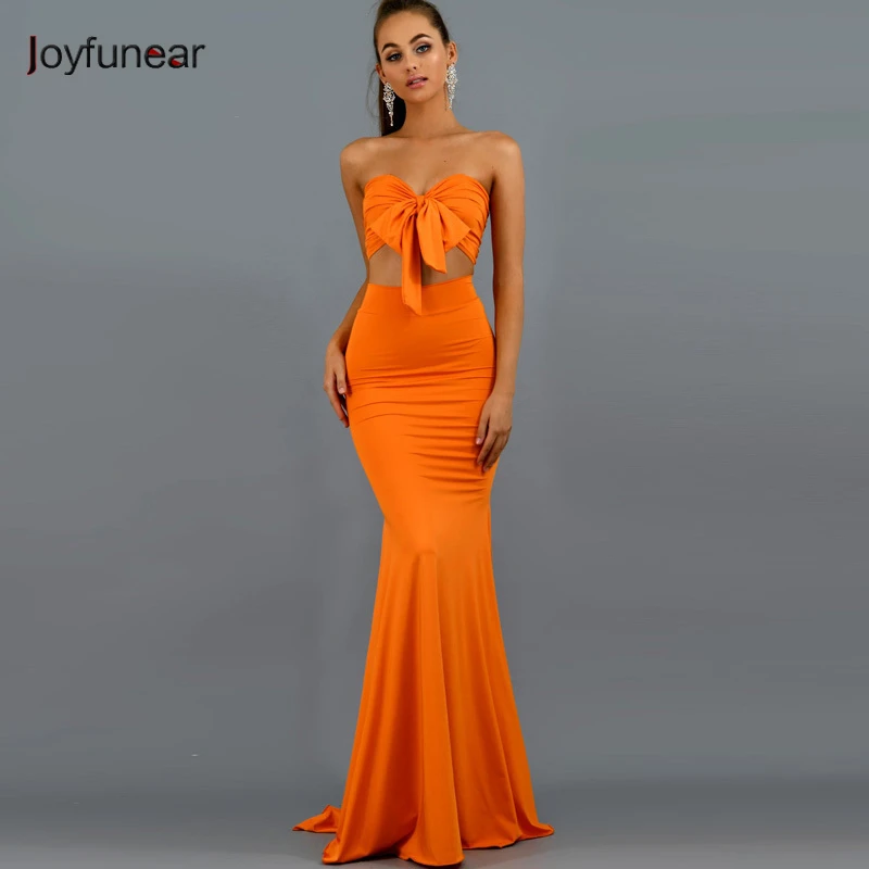 

Joyfunear Sexy Party Two Piece Dress Women Solid Maxi Long Elegant Dress Sexy Bow Tie Off Shoulder Club Dresses Evening Vestidos