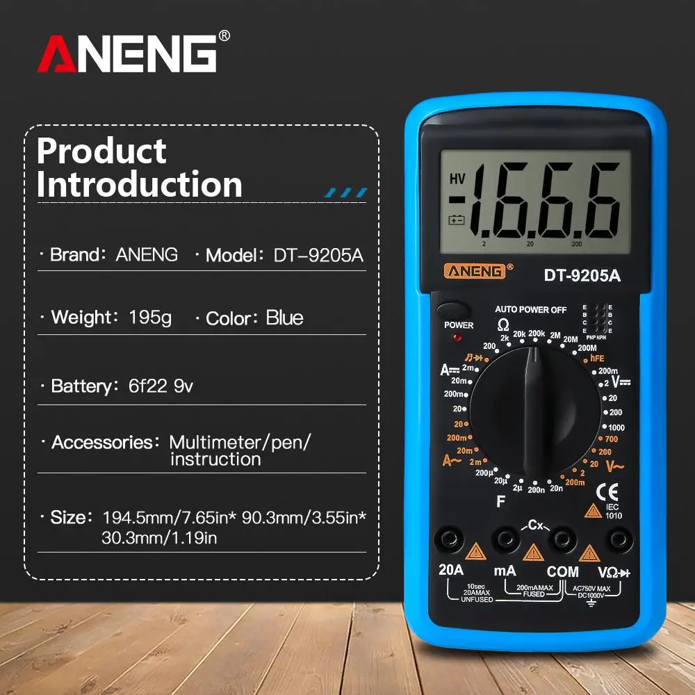 Litake цифровой DT-9205A мультиметр ЖК-дисплей AC/DC Амперметр Сопротивление Емкость Тестер
