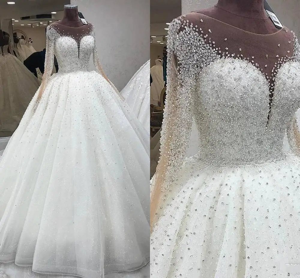 

Luxury Bead Arabic Dubai Wedding Dresses Long Sleeves Scoop Sequins Floor Length Tulle Custom Made Bridal Gown vestido de no