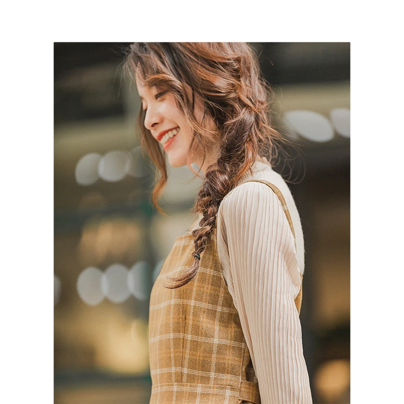 Kopen Inman Winter Literaire Retro Vierkante Hals Koffie Plaid Vetersluiting Mouwloze Vrouwen Jurk