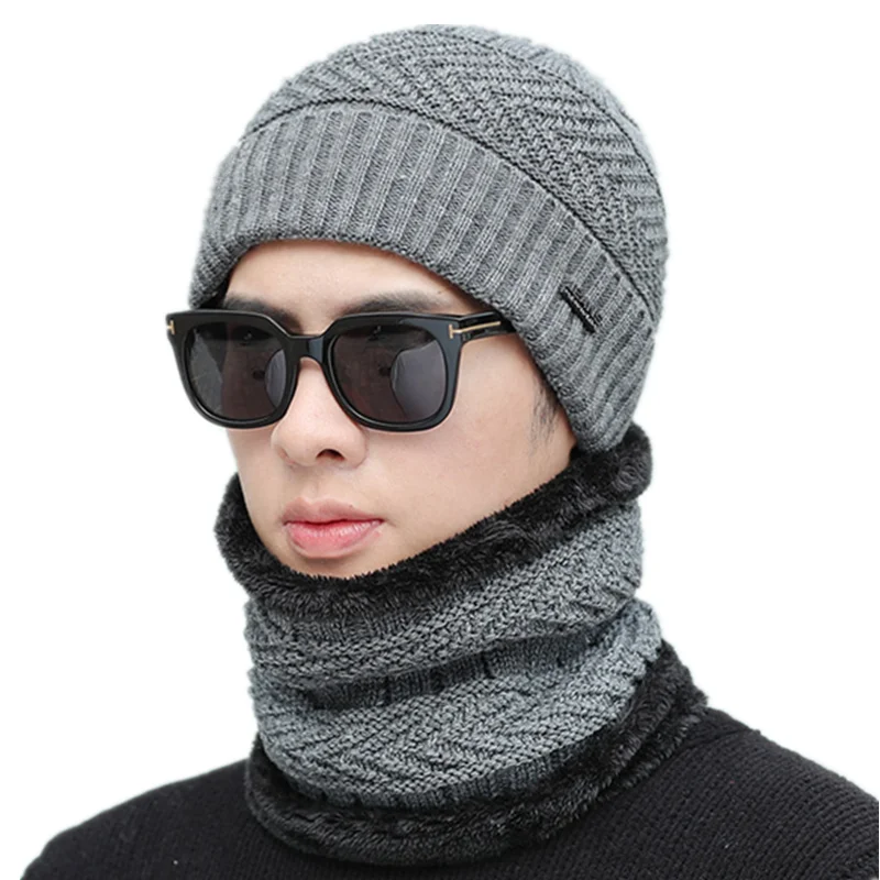Gray 2pcs / комплект шапка мода шапка мужская зимняя вязание шапки для мужские теплый толстый плюс футеровка акрил шапка - Цвет: Gray