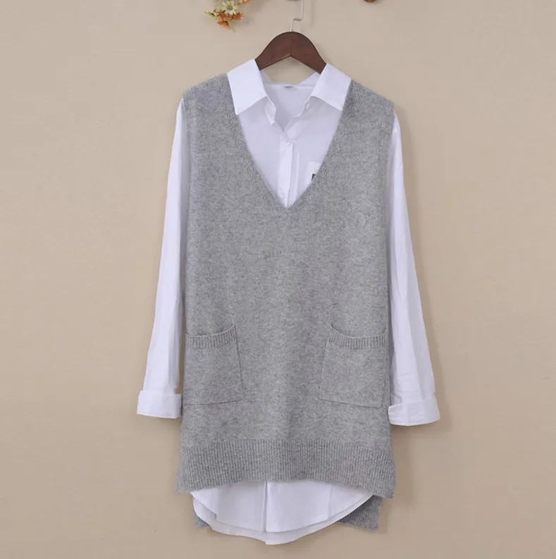 grey-no shirt Женские длинные жилеты осень зима v-образный вырез без рукавов хаки свободные пуловеры мягкие и удобные боковые разрезы жилет с карманом Весна - Цвет: grey-no shirt