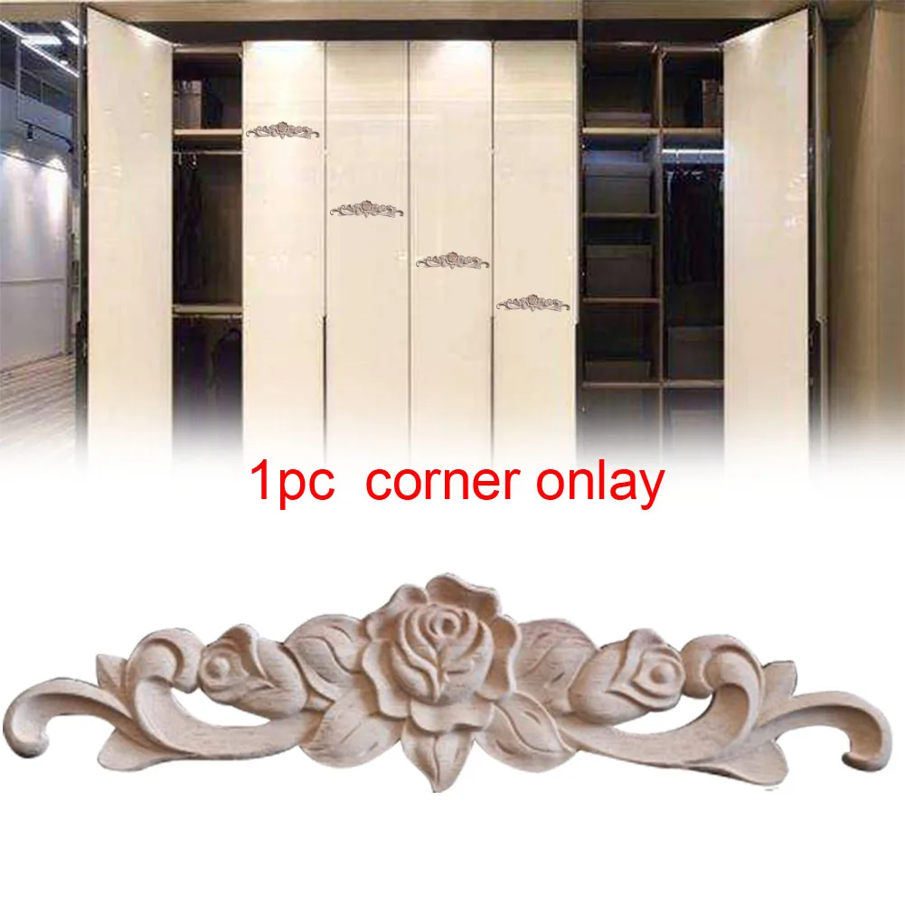 Long Corner Onlay Cabinet Vintage Home Cupboard Bed Furniture Decor Dresser Door Unpainted Applique Flower Shape Wood Carved