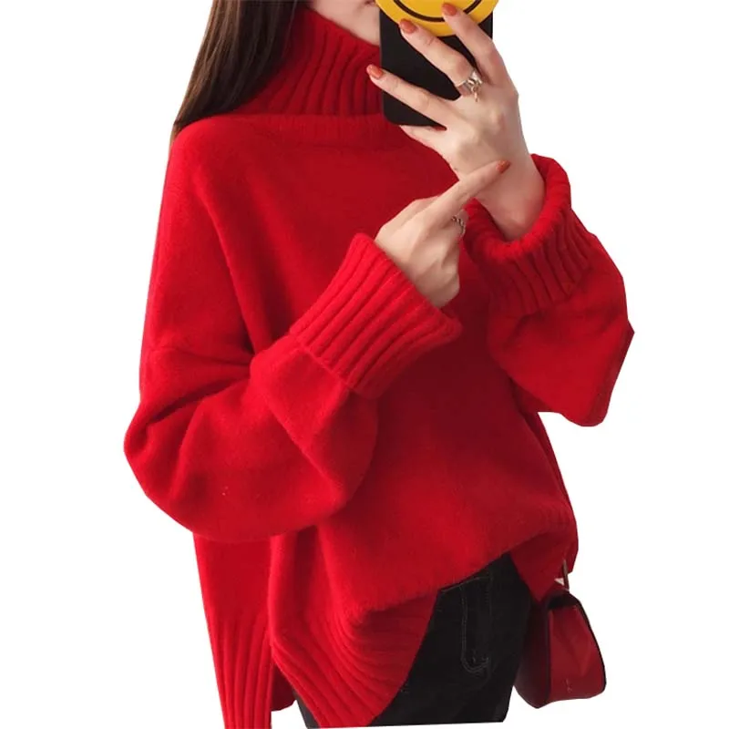 Very Fairy Red Sweater Womens High Collar 2020 New Style Loose Online Celebrity Retro Autumn Winter Knit Women sweaters OK149 | Женская