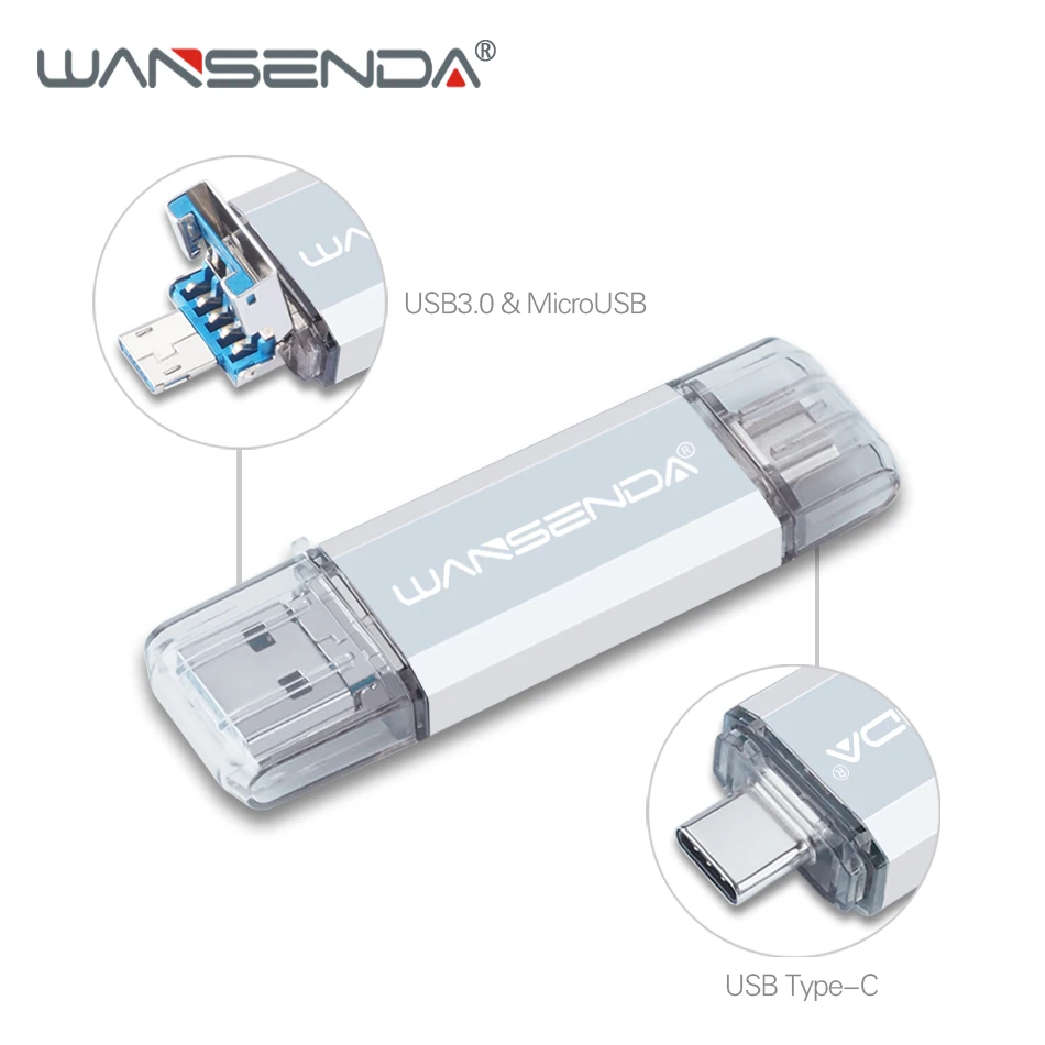 WANSENDA OTG USB флеш-накопитель 3 в 1 USB3.0& Тип type-C и Micro USB флэш-накопитель 512 ГБ 256 ГБ 128 Гб 64 Гб оперативной памяти, 32 Гб встроенной памяти USB флешки на флэшке - Цвет: Серебристый