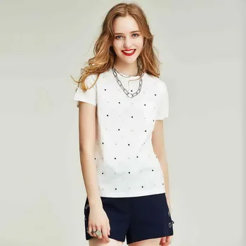 

HAVVA 2020 Summer New Awat Combed High Count Cotton Stretch Blend Polka Wave Point Women's Short-sleeved T-shirt T32940