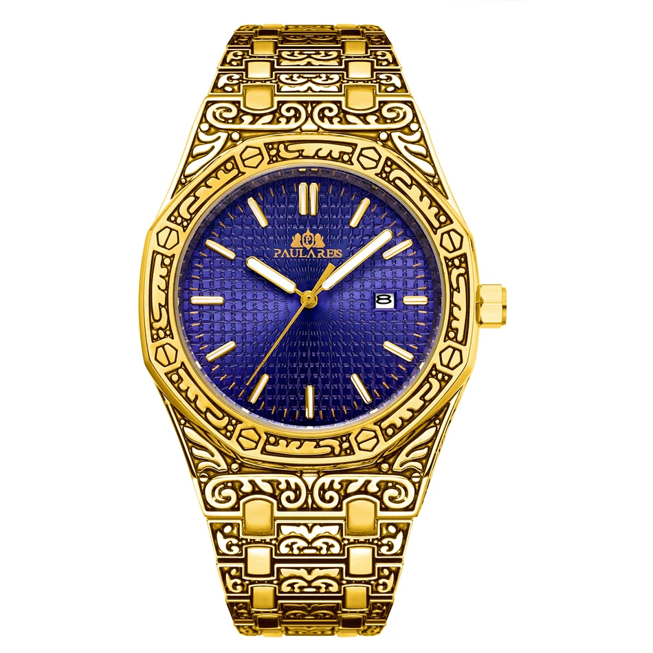 Мужские Винтажные люминесцентные часы в античном стиле, розовое золото, желтое золото, серебро, 2 тона, модные синие классические кварцевые роскошные часы - Цвет: Gold Blue