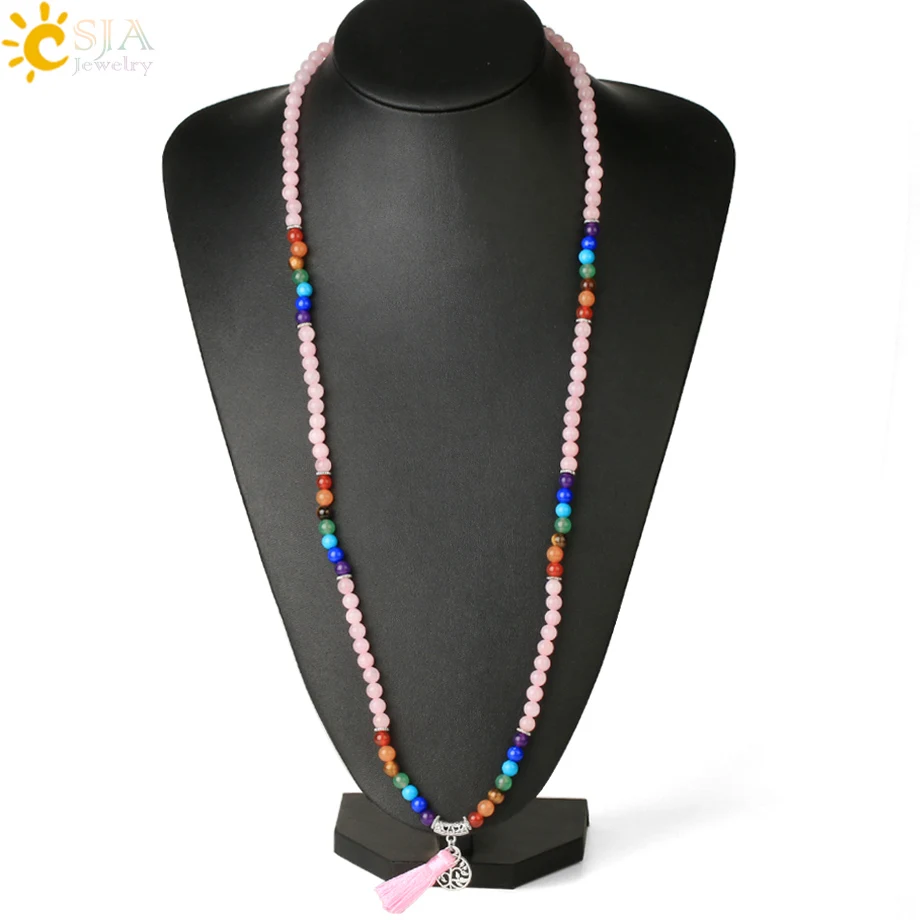 Women Necklace Natural Mala Gem Stone Bead Tassel 7 Chakra Tiger Eye Pink Quartz Howlite Reiki Boho Necklace