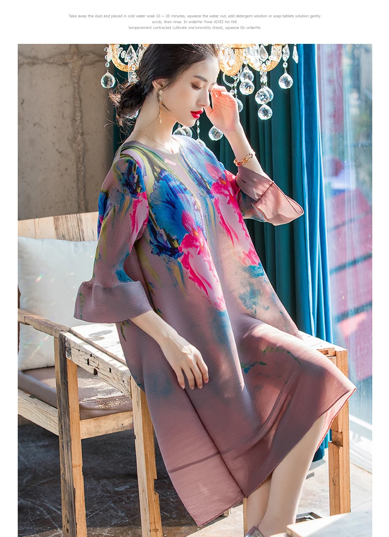 Spring Women Clothing Chinese Style Fashion Retro Pleated Printed Dress Round Neck Loose Skinny Pleated A-Line Dress