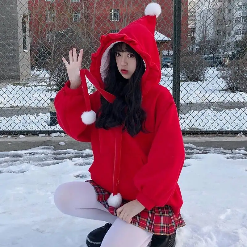 Harajuku Модные женские толстовки, милый Рождественский свитшот, милые свободные женские пуловеры, осенние толстовки больших размеров, повседневные зимние топы - Цвет: Красный