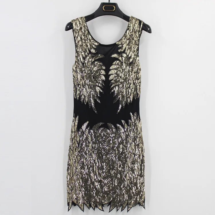 

Photo Shoot 2017 Europe And America New Style V-neck Sleeveless Sequins Dress Industrial Beads Irregular Vest Dress Women