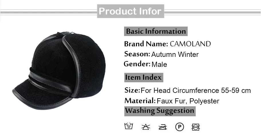 CAMOLAND мужские черные шапки-бомберы высокого качества, искусственные меховые наушники, Мужские Теплые ушанки, классические русские снежные шапки