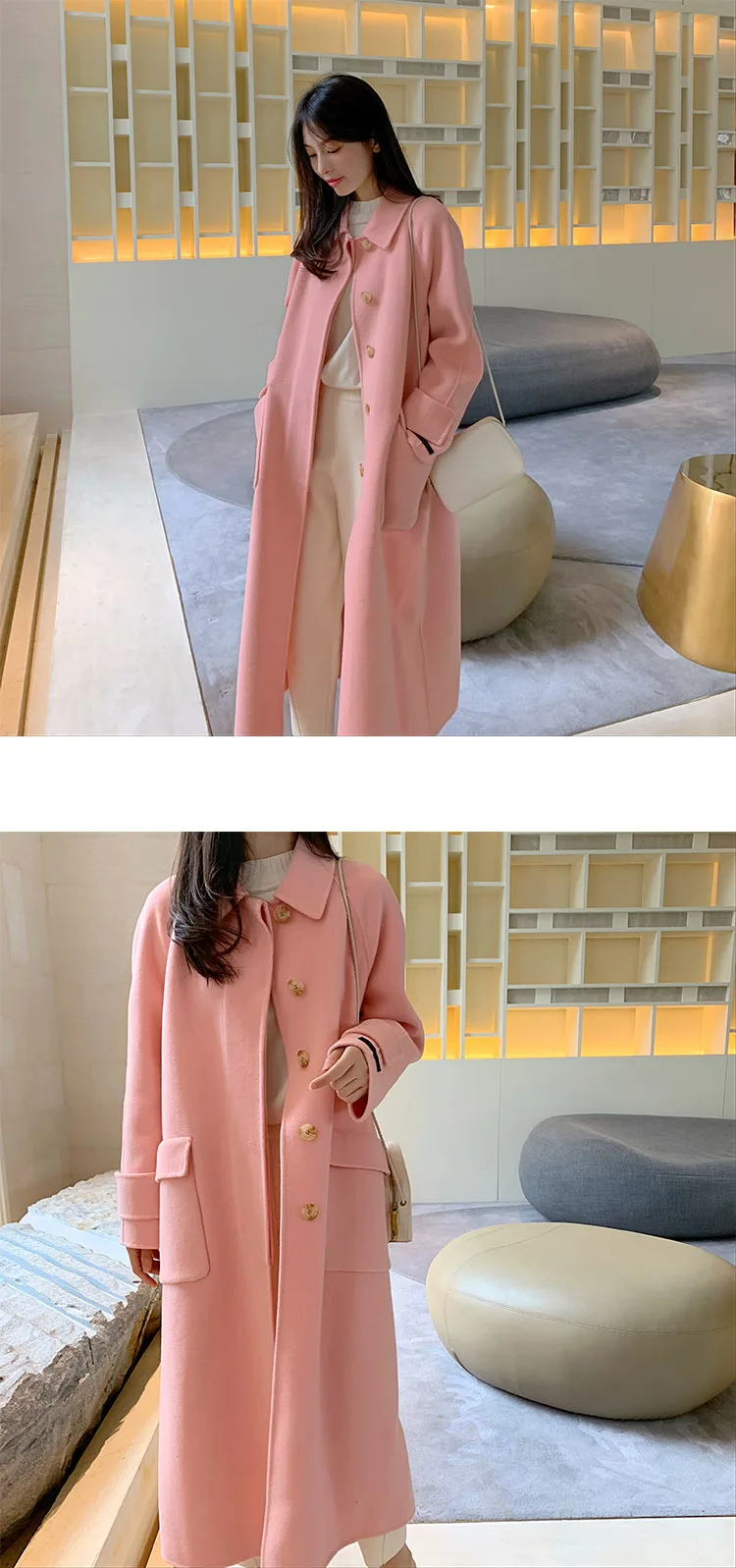autumn and winter new women's woolen coat double-sided hand-stitched wool coat plus long lapel coat women