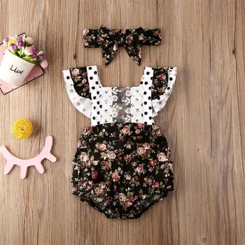 

Newborn Baby Girl Floral Lace Sleeveless Square Collar Romper Jumpsuit Headband Summer Outfits 2Pcs