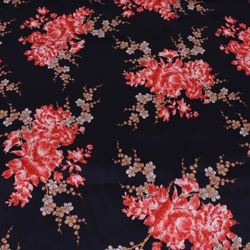 

Red Flower Print Black Base Natural Silk Stretch Satin Printed Soft Smooth Dress Material Sewing
