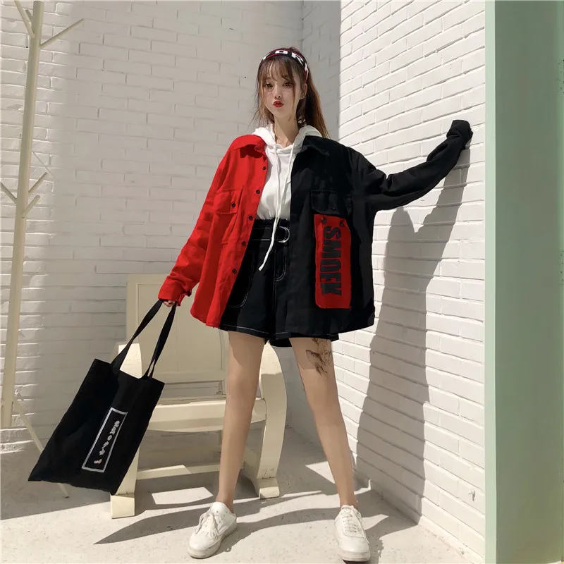 

2020 Spring Harajuku Hit color Tooling Denim Jacket Women's Patch Letter Print Patchwork Jeans Jacket Loose Streetwear Overcoat