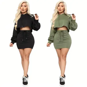 

Two Piece Set Top and Skirt Womens Long Sleeve Crop Top Solid Hoodie Casual Clothing Women 2 Piece Short Skirt Set