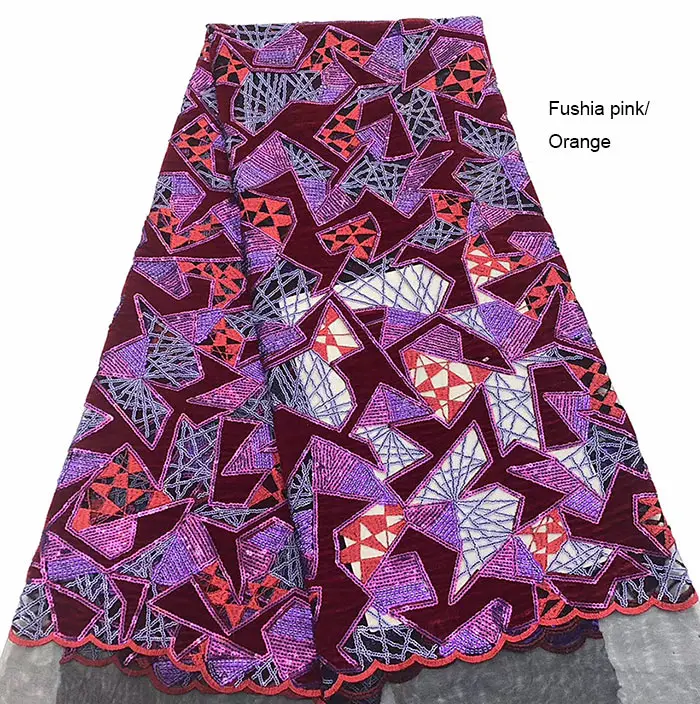 5 ярдов вырезать отверстиями Handcut африканская кружевная бархатной ткани с блестками Высокое качество блестящие и отличные - Цвет: Fushia Orange