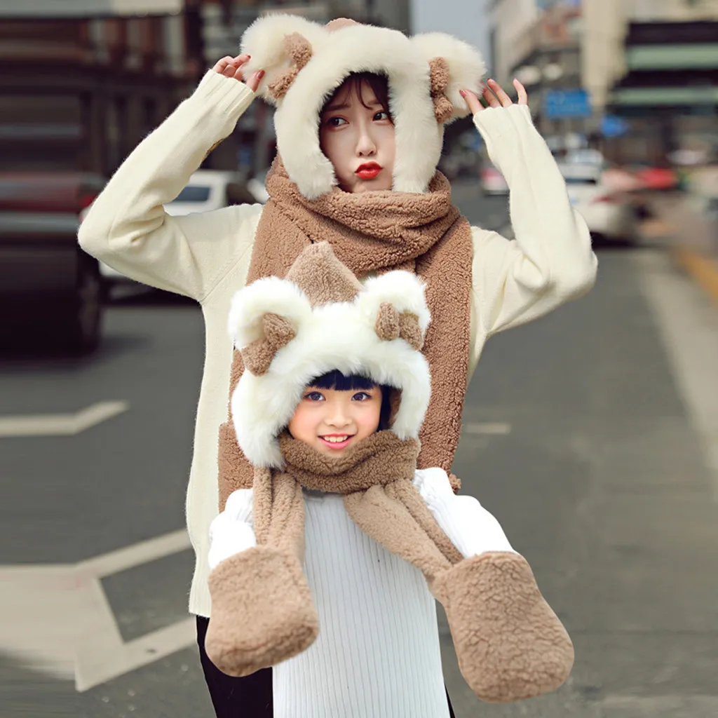Детские зимние шапки для подростков, для детей, для девочек и мальчиков, плюшевая Толстая теплая шапка, милая мультяшная шапка, защита для ушей, теплая шапка+ шарф, комплект, 1 шт