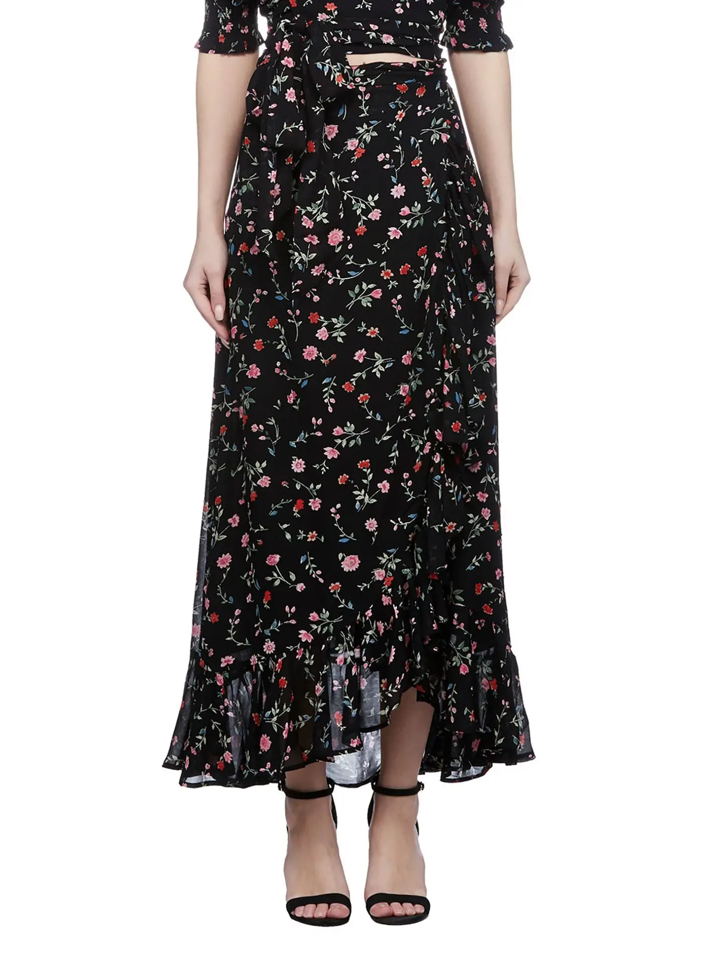 

Women Skirt 2019 Spring and Summer Ruffled Red Flower Green Leaf Wrap Skirt